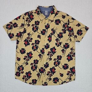 Hurley Mens Large Floral Button Up Shirt Tan Blue Red Stretch Woven Short Sleeve